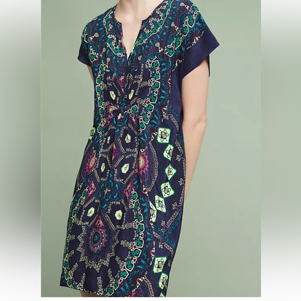 Maeve by anthropology Navy Teal Pink Printed Blouse